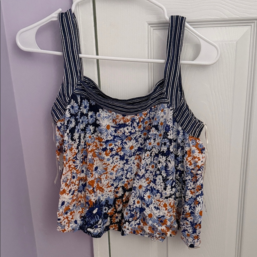 Anthropologie Blue and Orange Floral Striped Blouse